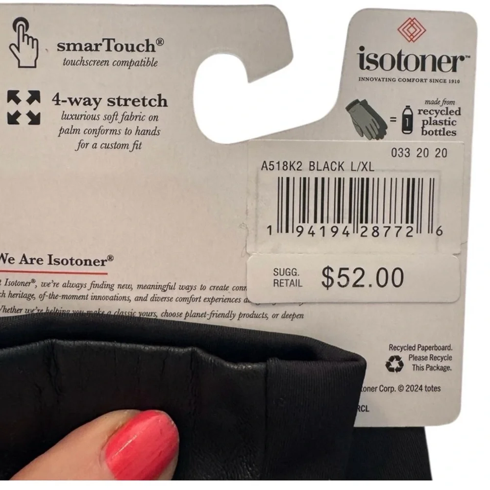 Isotoner Women's Black Touch Screen Gloves, Sz L/XL Orig $52